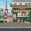 Paris Bistro: a customer at a red-checked table outside a green café, the Eiffel Tower behind.